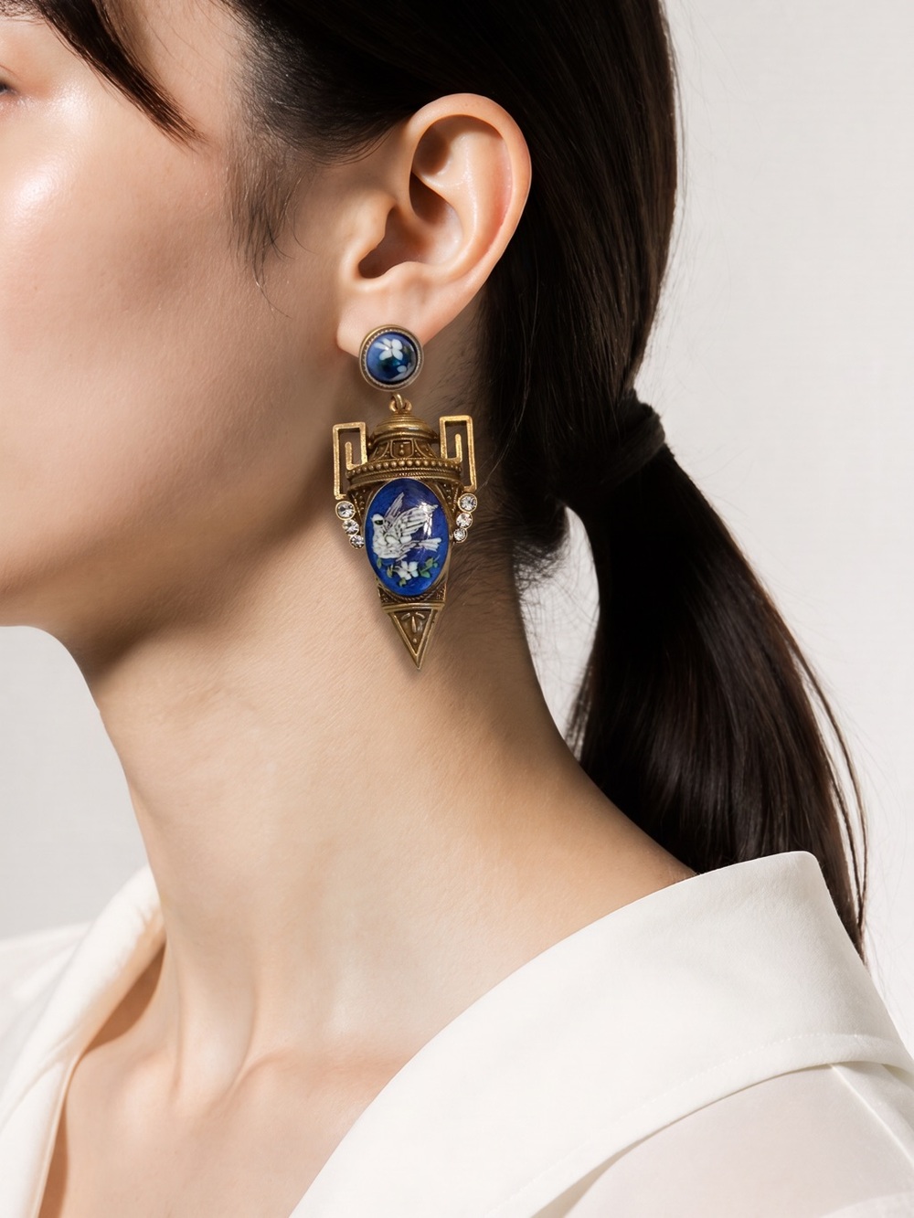 Gold and Blue Floral Drop Earrings - Vintage inspired